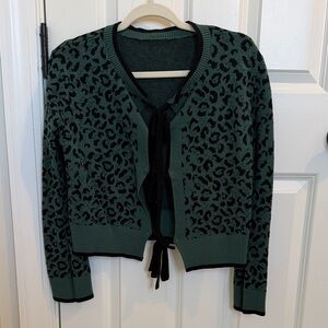 Boutique Leopard Print Green Tie Front Sweater